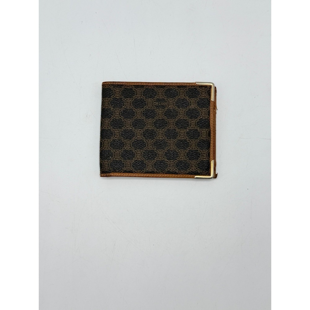 CELINE M06 Vintage Macadam‎ Bifold Wallet Brown Leather Trim Coin Pocket AS IS